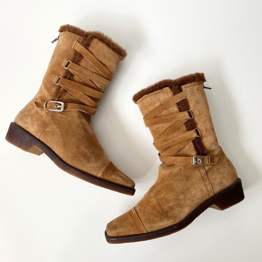Vintage Stuart Weitzman Boots 7.5 Tan‎ Suede Leather Boho Western Mid Calf Biker